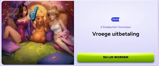 SpinBara sportbonus-banner met een cavia en twee cheerleaders op een bank en de tekst “Vroege uitbetaling” naast een knop “Nu lid worden”