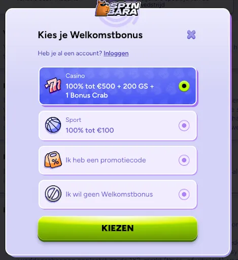 Kies je Welkomstbonus – SpinBara Popupvenster van SpinBara om je welkomstbonus te kiezen met opties voor Casino-bonus, Sport-bonus, promotiecode of geen bonus, plus een groene knop “Kiezen”