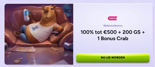 SpinBara-promotiebanner met een relaxte cavia en tekst “100% tot €500 + 200 GS + 1 Bonus Crab” naast een knop “Nu lid worden”