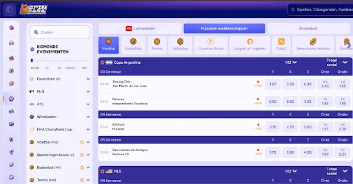SpinBara live sportsbook – live-weddenschappen en odds voor voetbal, tennis en basketbal SpinBara live-weddenschappen interface met voetbal-, basketbal- en tennisevenementen en actuele odds
