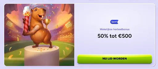SpinBara wekelijkse herlaadbonus-banner met een cavia die een trofee vasthoudt en tekst “50% tot €500” naast een knop “Nu lid worden”