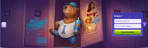 VIP-programma SpinBara – promoties op de site en 24/7 live chat-toegang SpinBara VIP-programma slide met kameel-mascotte en Niveau 1 voordelen
