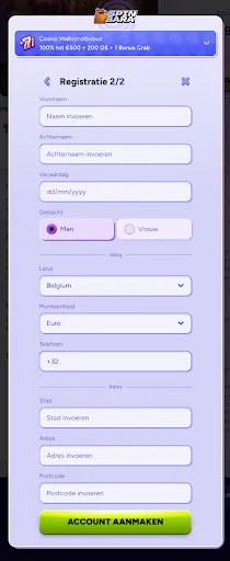 Registratie Stap 2 van 2 – SpinBara SpinBara registratiepop-up stap 2 met invoervelden voor voornaam, achternaam, geboortedatum, geslacht, land, valuta, telefoon, stad, adres en postcode, en groene knop “Account aanmaken”