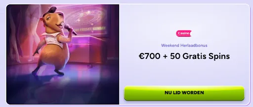 SpinBara Weekend Herlaadbonus-banner met een zingende cavia en tekst “€700 + 50 Gratis Spins” naast een knop “Nu lid worden”