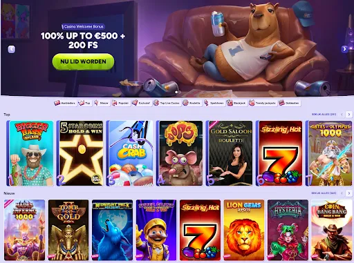 SpinBara Casino & Sportsbook Homepage SpinBara homepage shows a cartoon capybara lounging on a sofa with a “Casino Welcome Bonus 100% up to €500 + 200 FS” banner and “Join Now” button, navigation sidebar, game thumbnails and category tabs